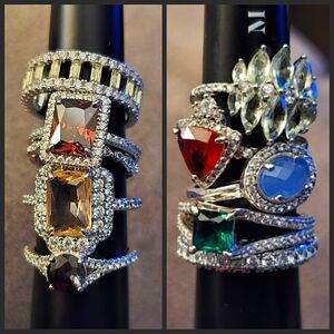 Group of 10 sz 6&7 Bomb party rings.  Multiple stone colors, sliver toned bands.